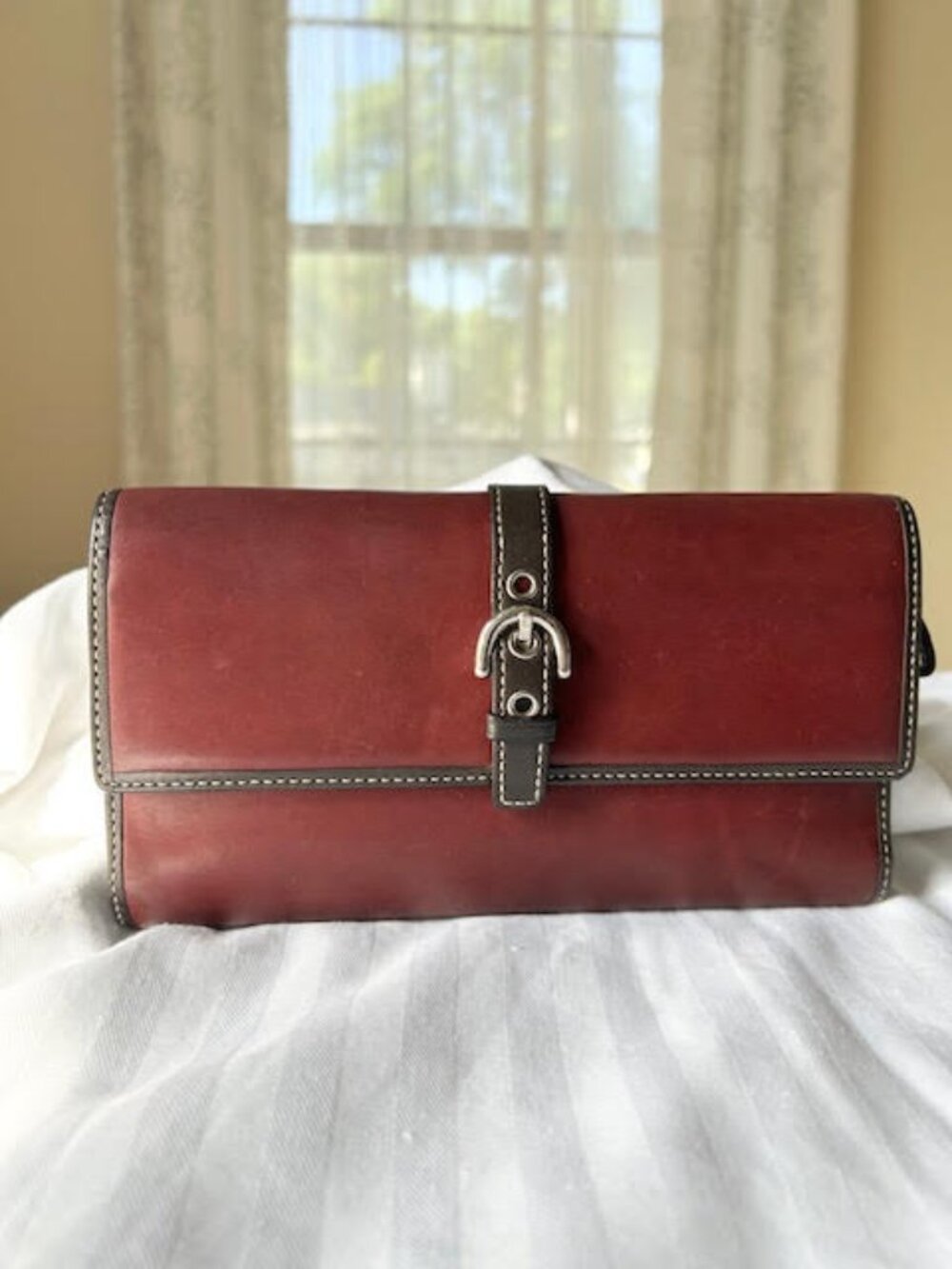 Vintage Coach Burgundy Leather Organizer Wallet Buckle Clutch